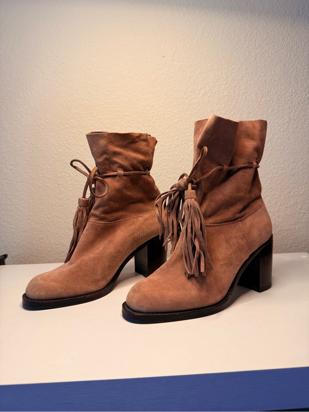 Suede Fringe Ankle Boots in Tan